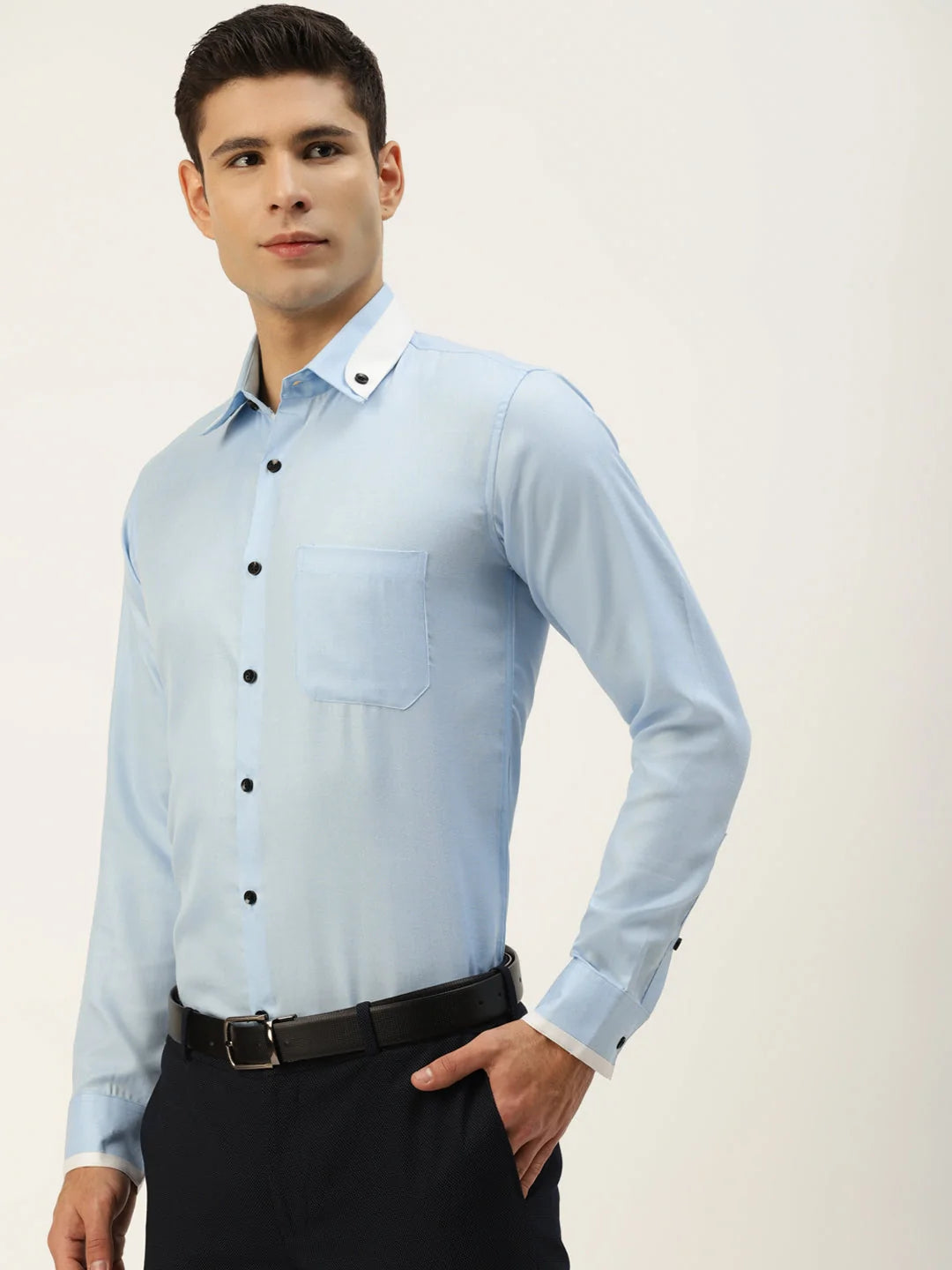 Indian Needle Sky Blue Cotton Solid Formal Mens Shirt