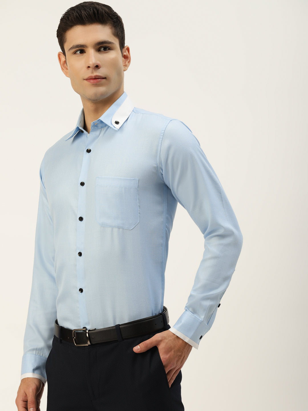 Indian Needle Sky Blue Cotton Solid Formal Mens Shirt