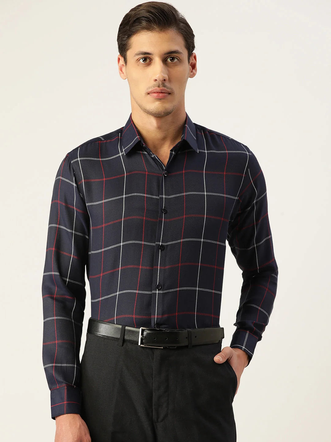 Navy Cotton Checked Formal Mens Shirt | Indian Needle