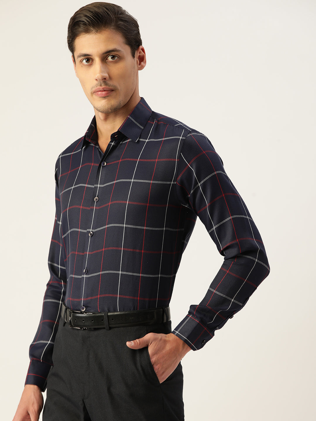 Navy Cotton Checked Formal Mens Shirt | Indian Needle