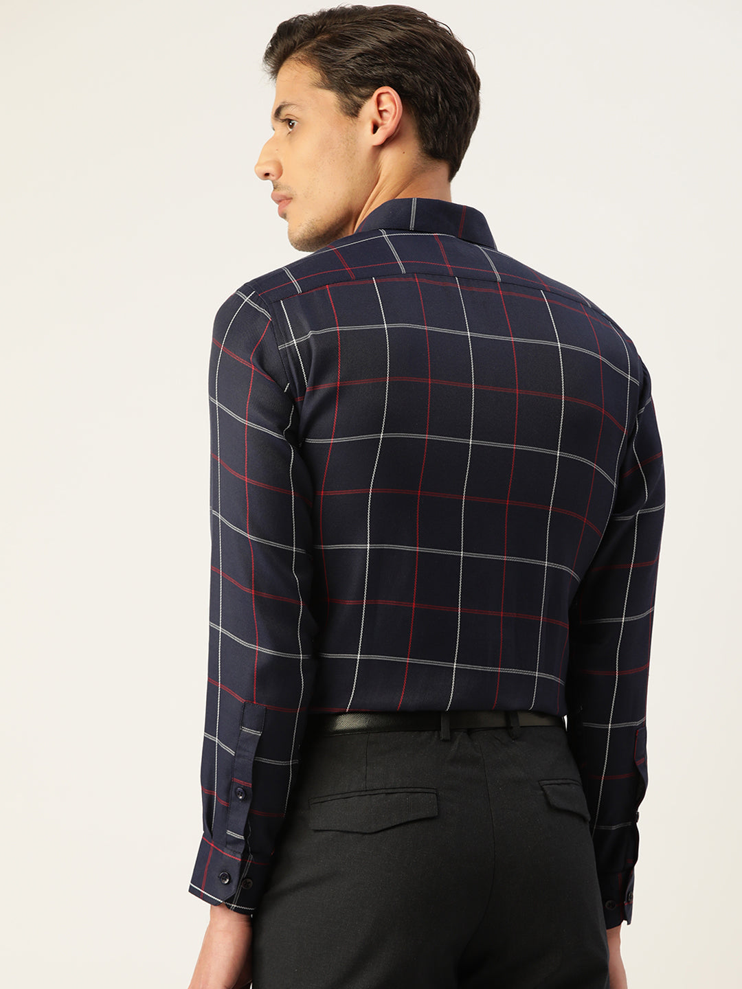 Navy Cotton Checked Formal Mens Shirt | Indian Needle