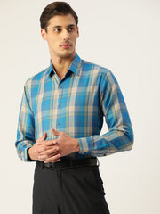 Indian Needle Men's Cotton Checked Formal Shirts-SF-798Sky