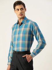 Indian Needle Men's Cotton Checked Formal Shirts-SF-798Sky