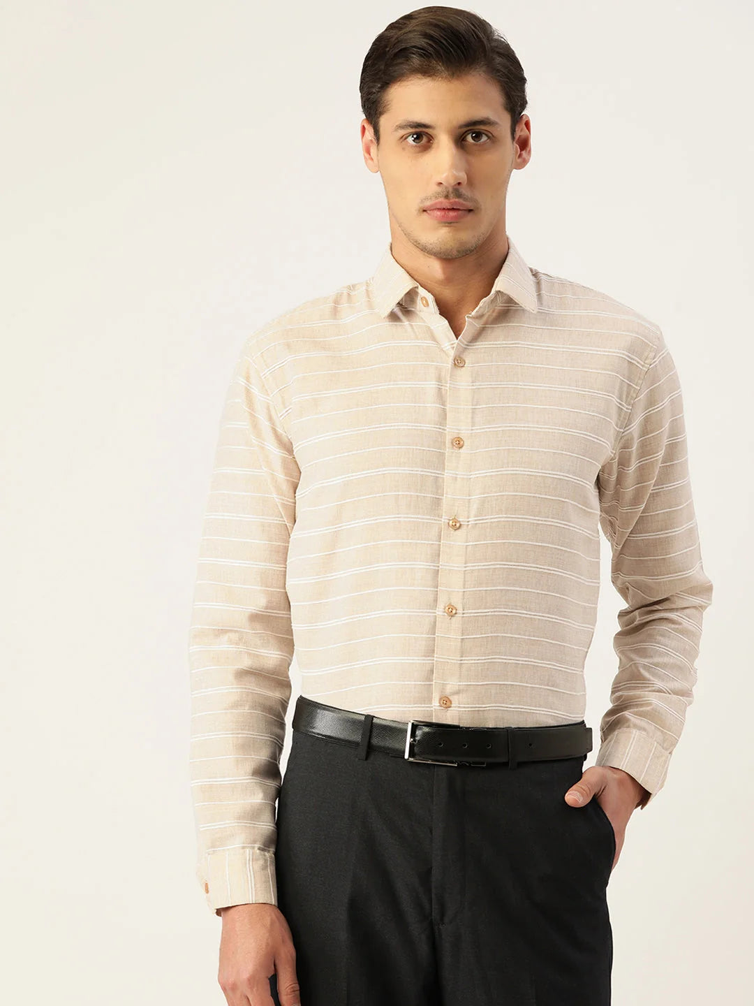 Cream Cotton Striped Formal Mens Shirt | Indian Needle