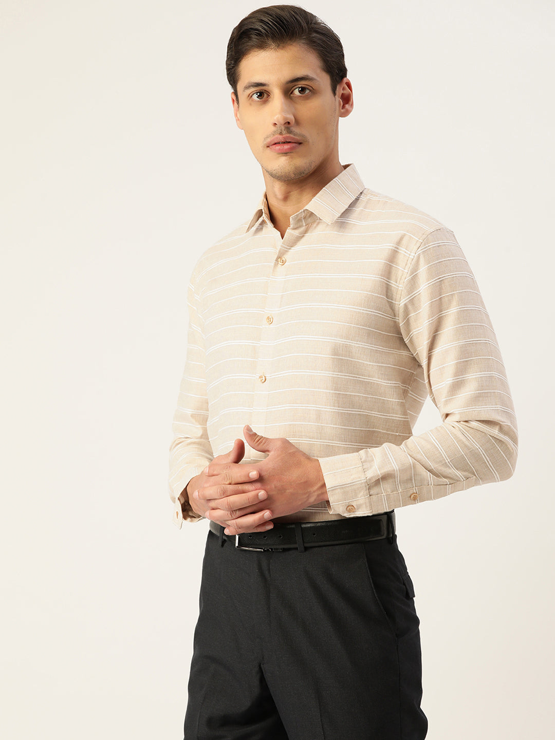 Cream Cotton Striped Formal Mens Shirt | Indian Needle