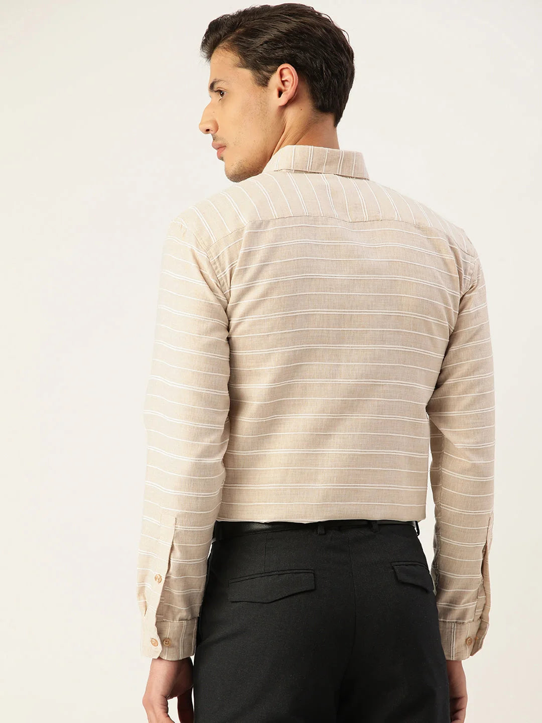 Cream Cotton Striped Formal Mens Shirt | Indian Needle
