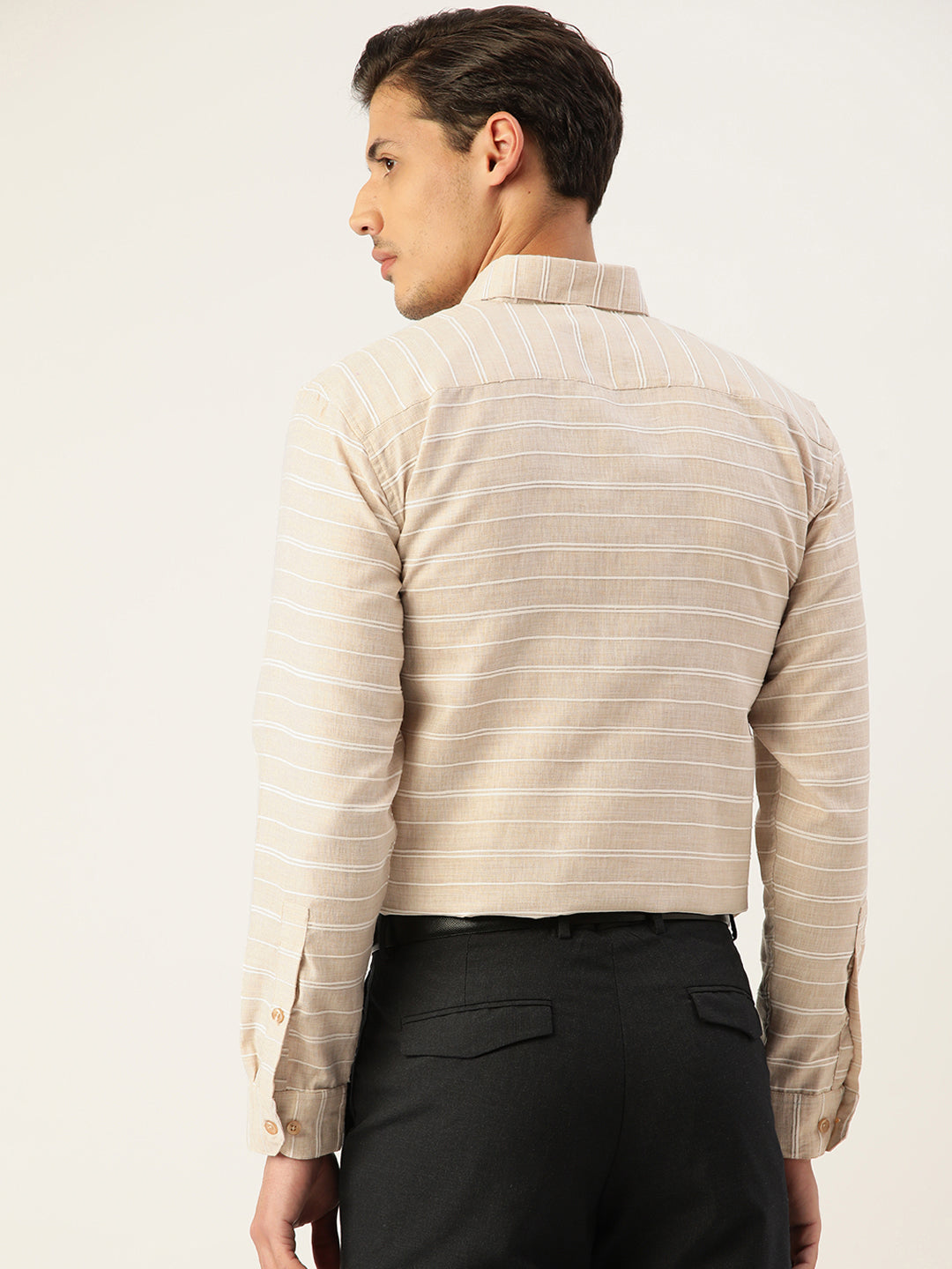 Cream Cotton Striped Formal Mens Shirt | Indian Needle