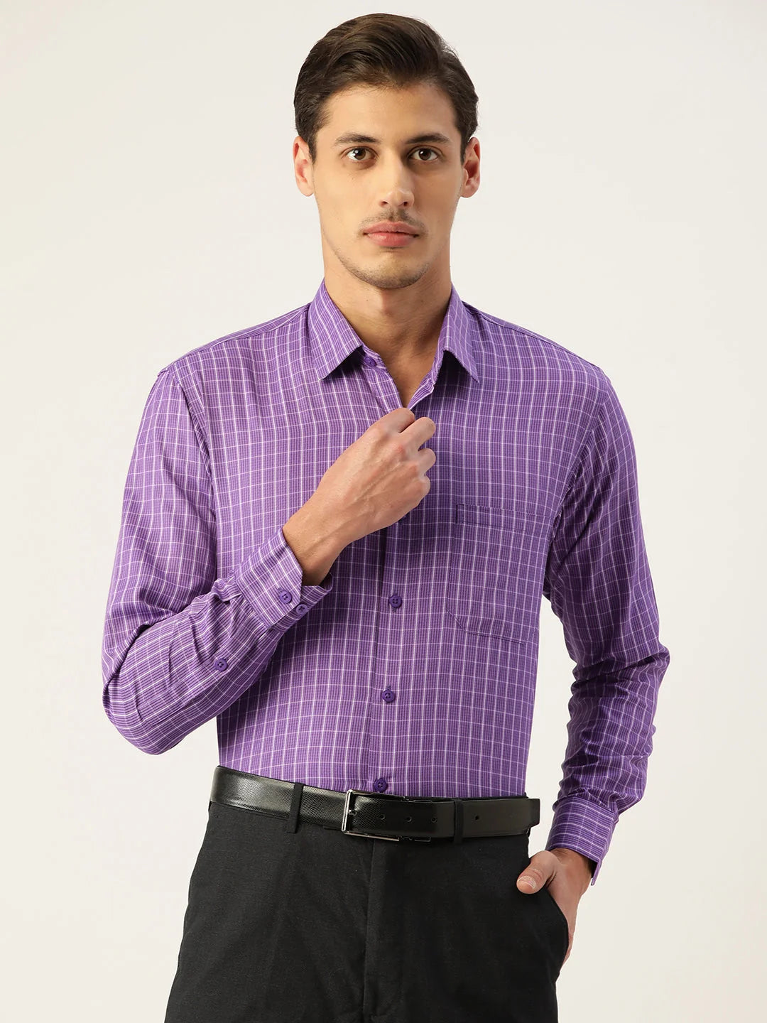 Voilet Cotton Checked Formal Mens Shirt | Indian Needle