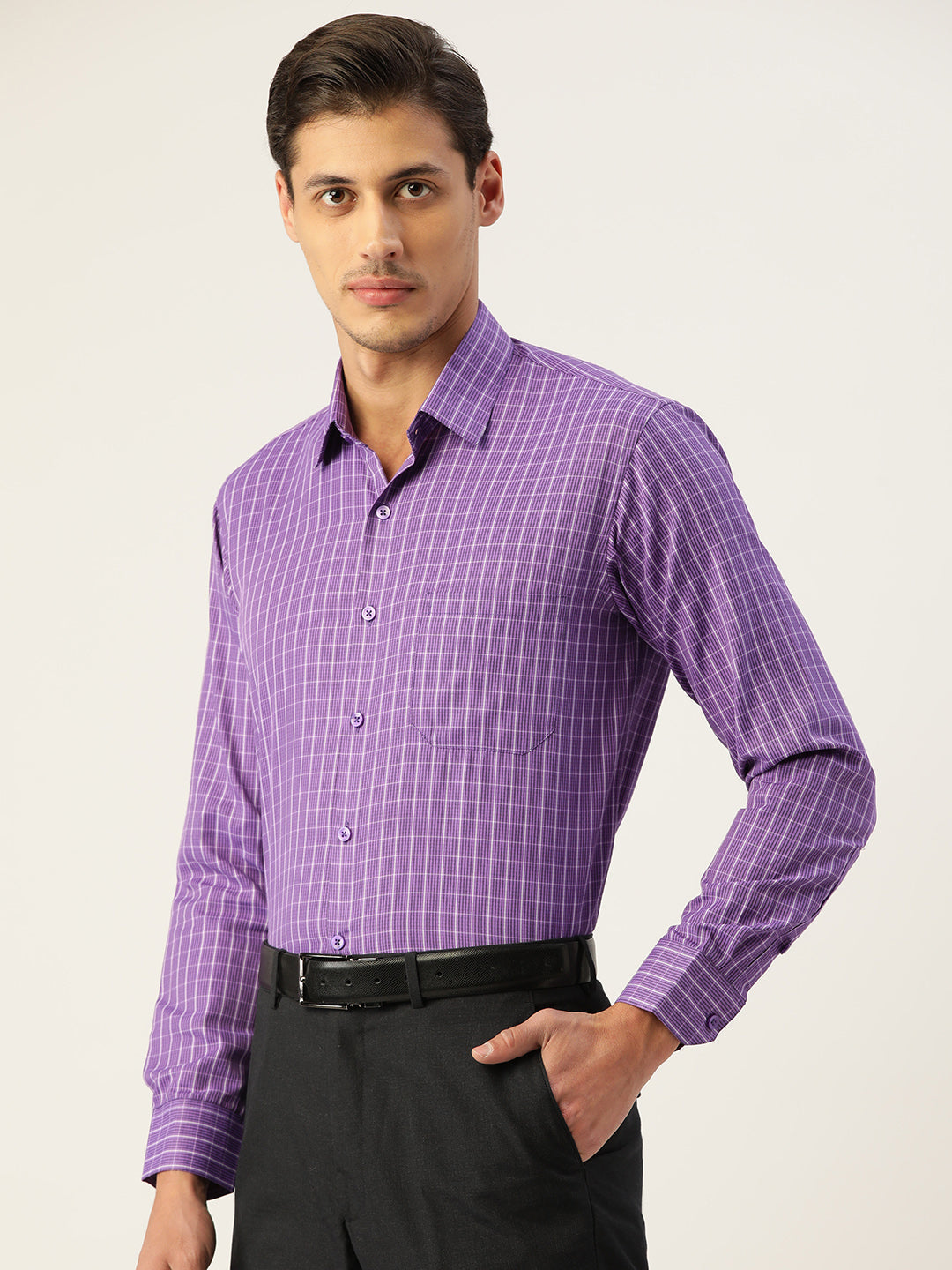 Voilet Cotton Checked Formal Mens Shirt | Indian Needle