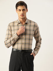 Indian Needle Men's Cotton Checked Formal Shirts-SF-803Beige