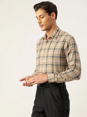 Indian Needle Men's Cotton Checked Formal Shirts-SF-803Beige