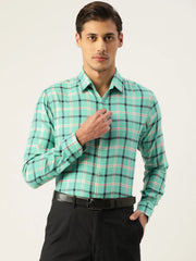 Indian Needle Men's Cotton Checked Formal Shirts-SF-803Green