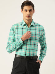 Indian Needle Men's Cotton Checked Formal Shirts-SF-803Green