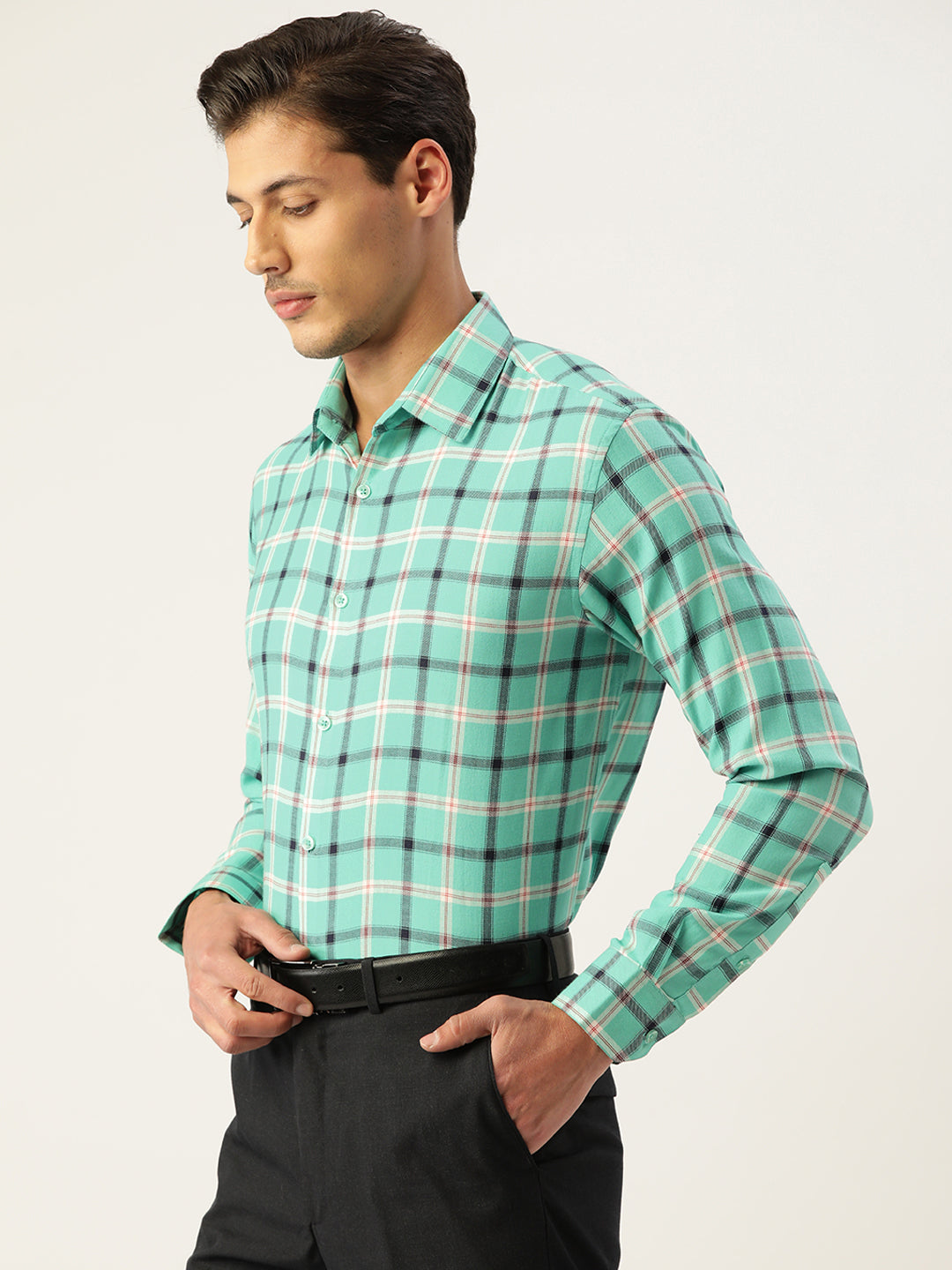 Green Cotton Formal Shirt for Men - Checked Pattern Design