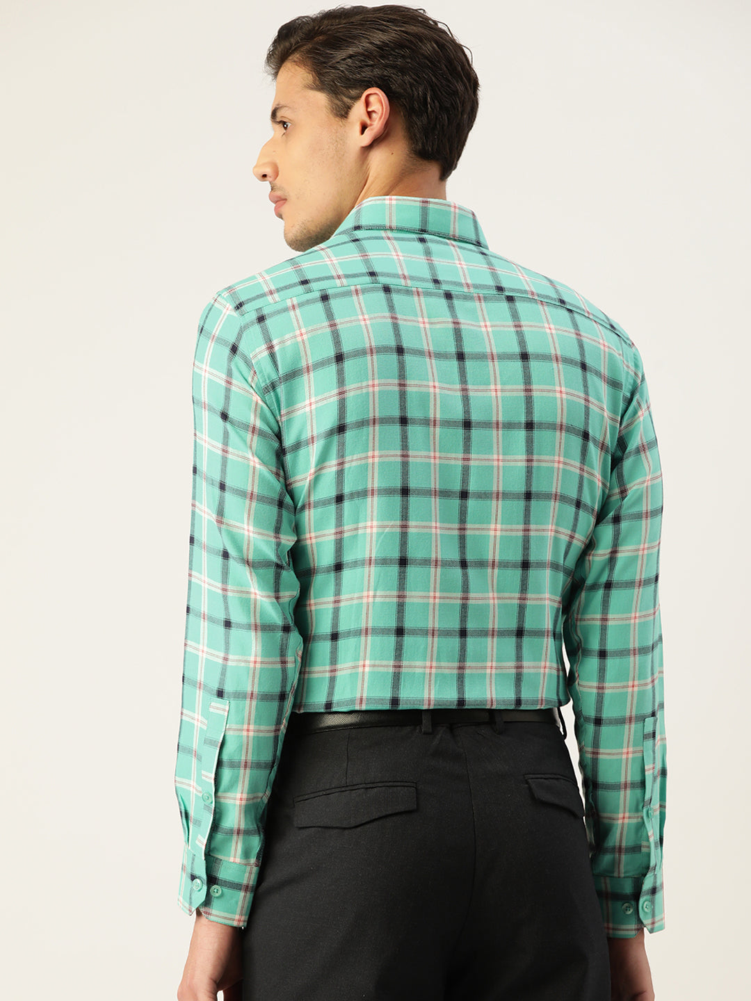 Green Cotton Formal Shirt for Men - Checked Pattern Design
