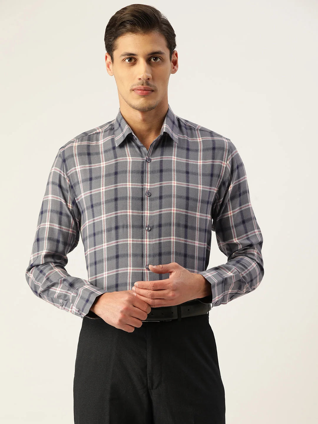 Indian Needle Men's Cotton Checked Formal Shirts-SF-803Grey