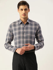 Indian Needle Men's Cotton Checked Formal Shirts-SF-803Grey