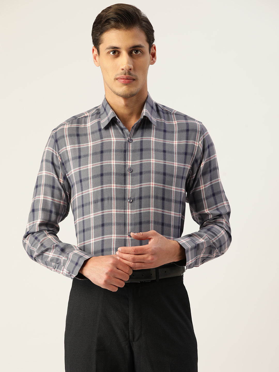 Indian Needle Men's Cotton Checked Formal Shirts-SF-803Grey