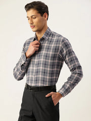 Indian Needle Men's Cotton Checked Formal Shirts-SF-803Grey