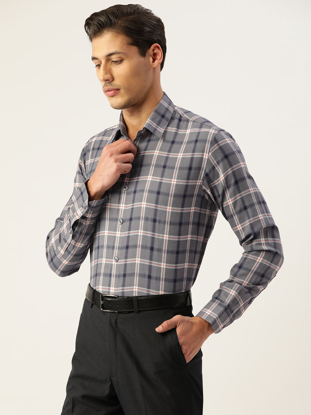 Grey Cotton Formal Shirt for Men - Classic Checked Pattern