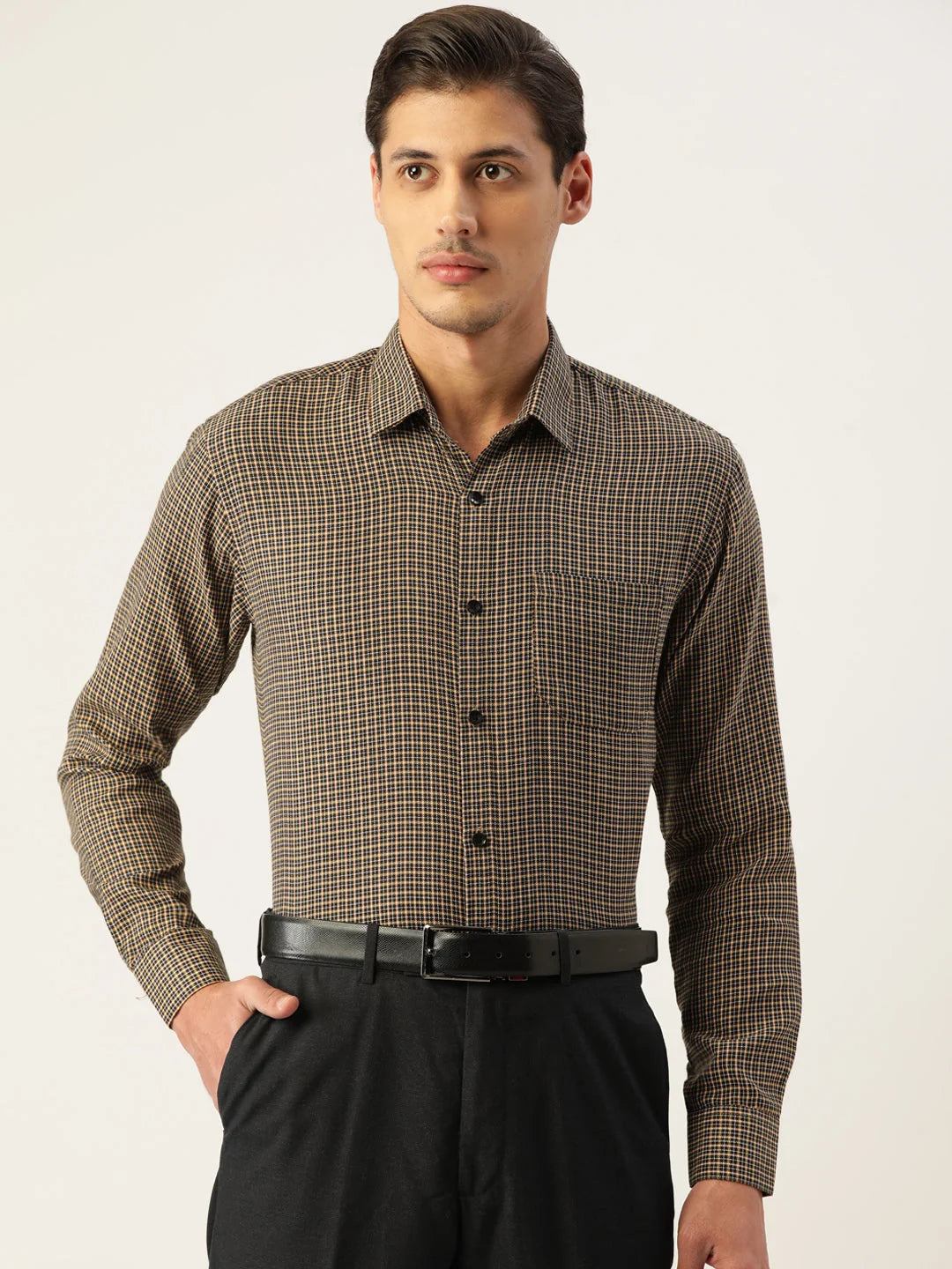 Indian Needle Men's Cotton Checked Formal Shirts-SF-804Black