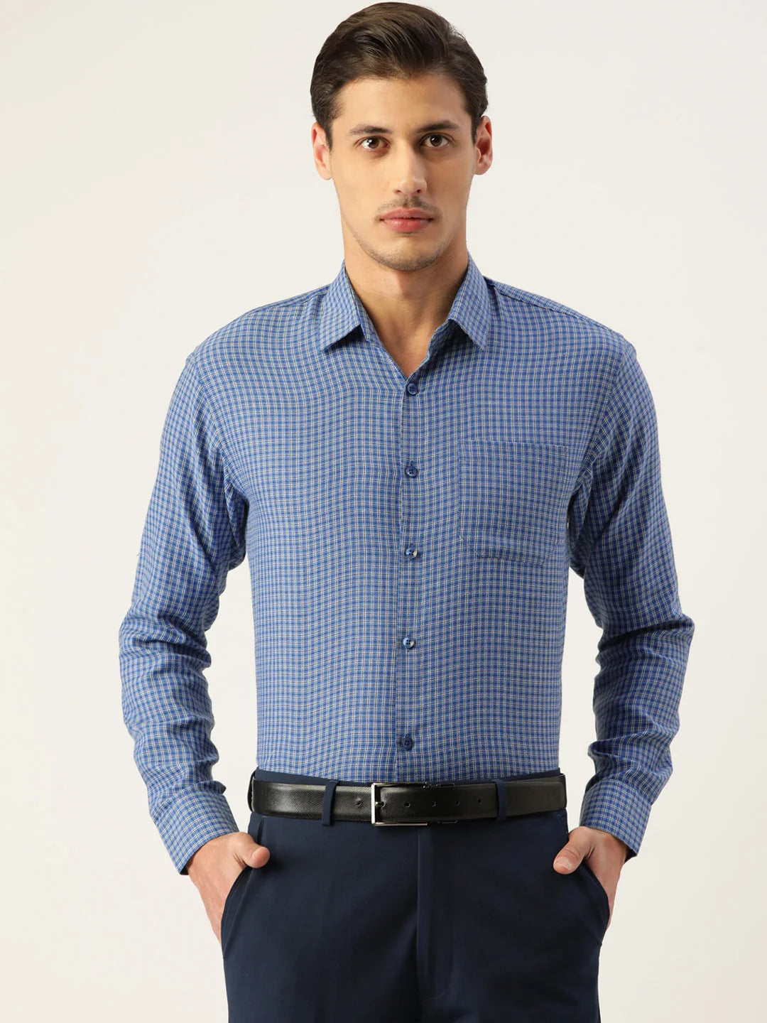 Blue Cotton Formal Shirts for Men - Checked Mens Shirt