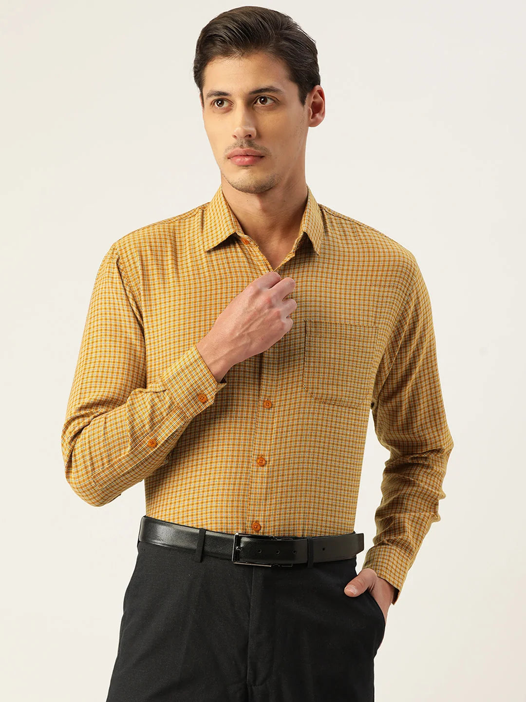 Mustard Cotton Formal Shirts for Men - Checked Pattern