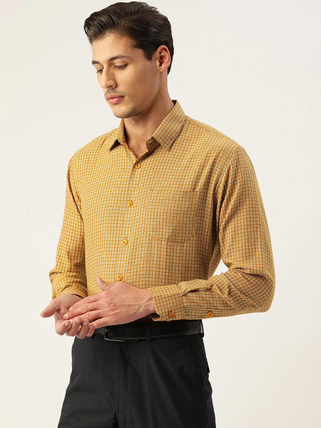 Mustard Cotton Formal Shirts for Men - Checked Pattern