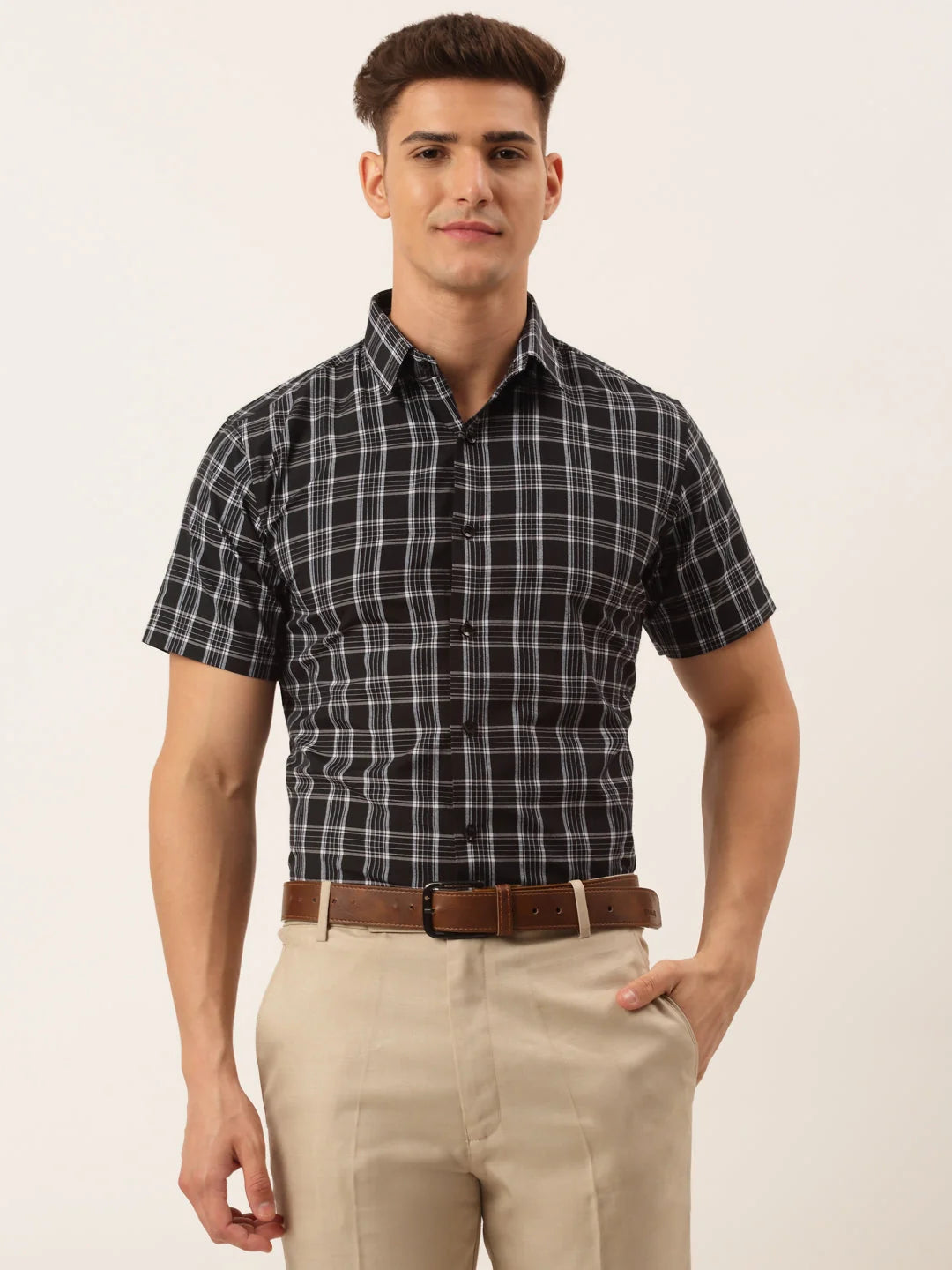 Indian Needle Men's Cotton Checked Half Sleeve Formal Shirts-SF-808Black