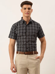 Indian Needle Men's Cotton Checked Half Sleeve Formal Shirts-SF-808Black