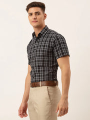 Indian Needle Men's Cotton Checked Half Sleeve Formal Shirts-SF-808Black