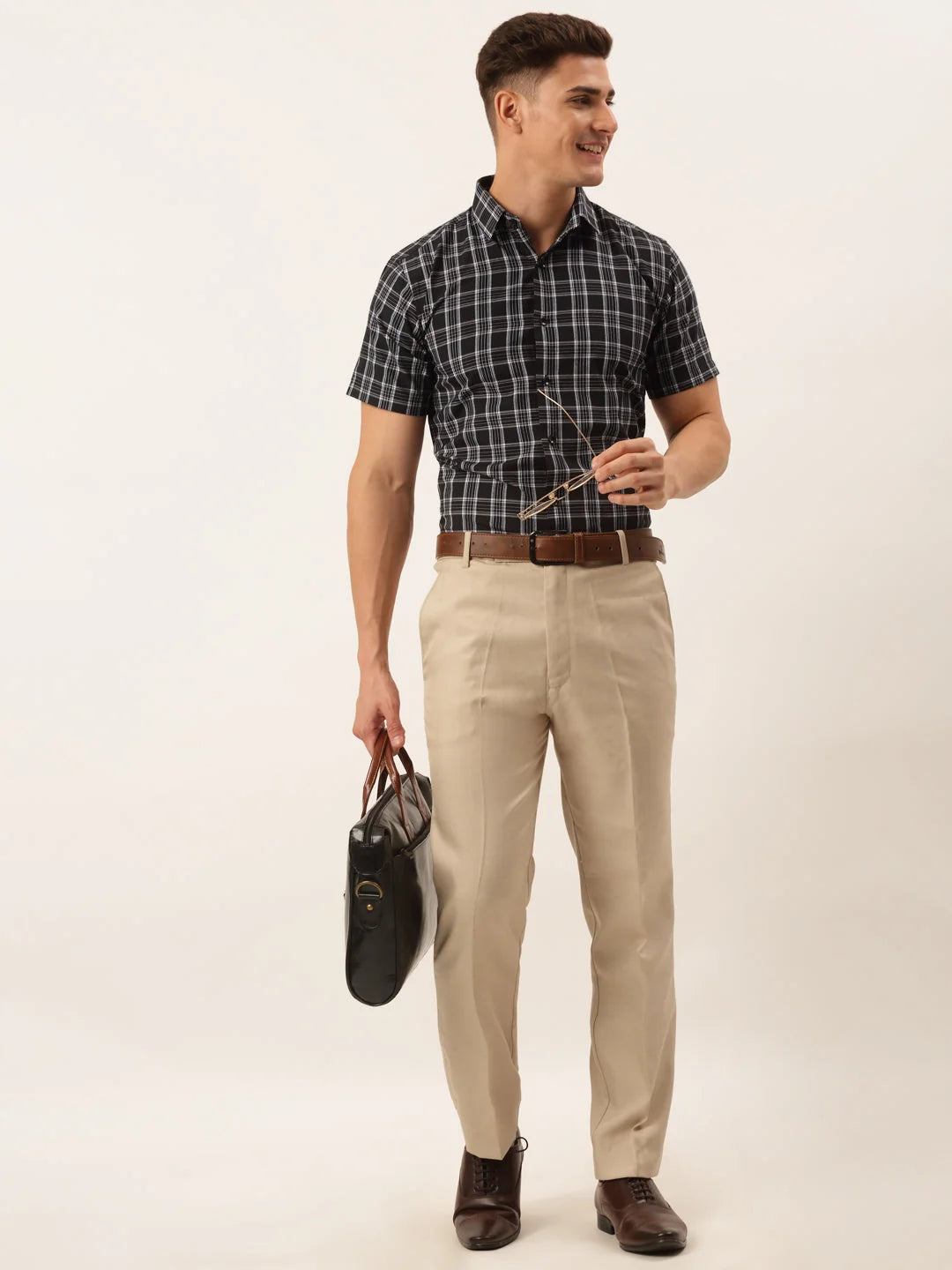 Black Cotton Checked Half Sleeve Formal Mens Shirt | Indian Ne...