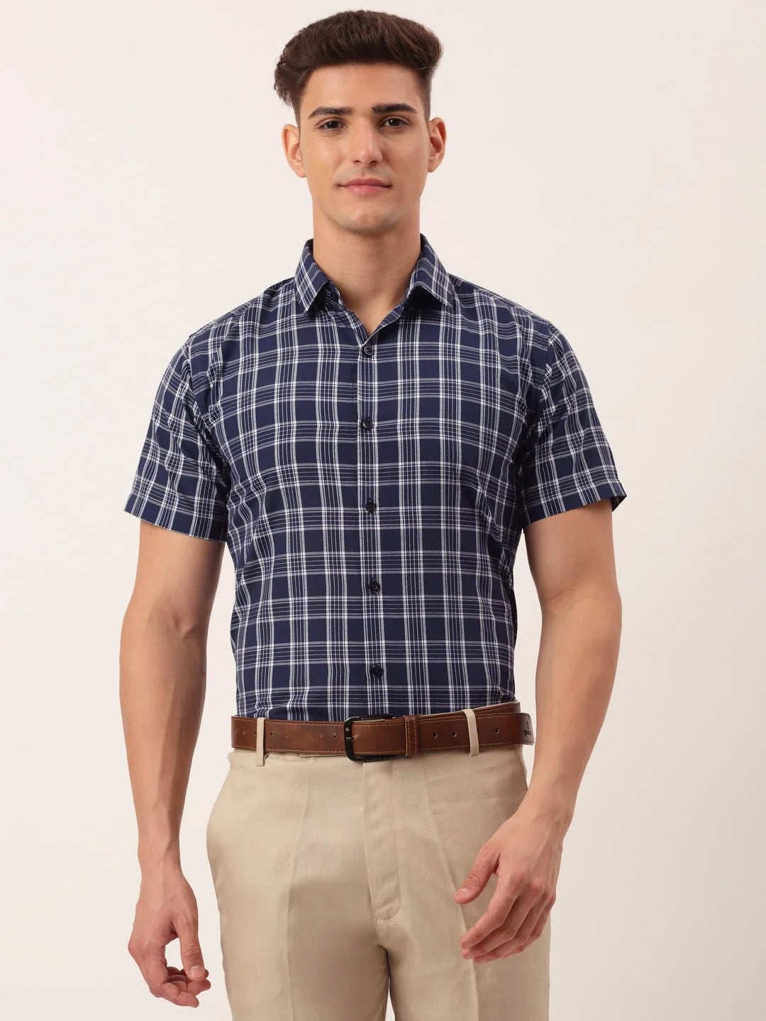 Blue Cotton Checked Half Sleeve Formal Mens Shirt | Indian Needle