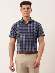 Indian Needle Men's Cotton Checked Half Sleeve Formal Shirts-SF-808Blue