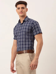 Indian Needle Men's Cotton Checked Half Sleeve Formal Shirts-SF-808Blue