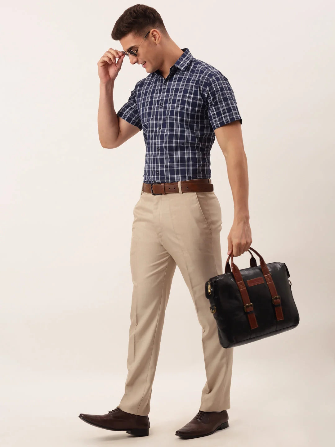 Blue Cotton Checked Half Sleeve Formal Mens Shirt | Indian Needle