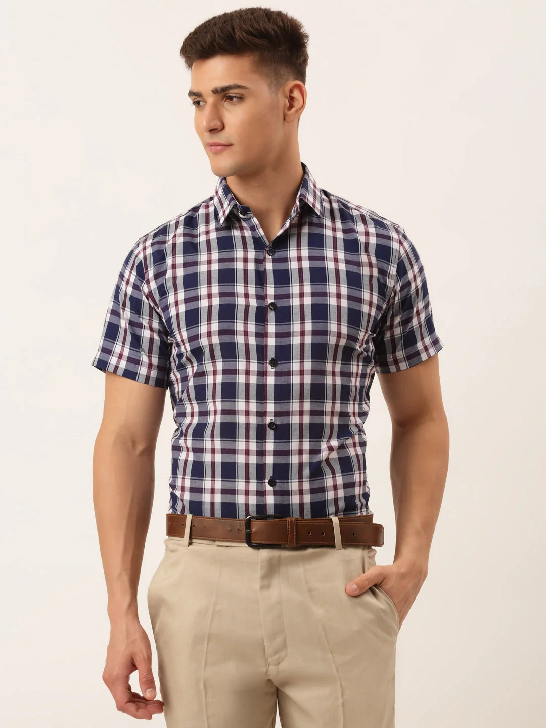 Navy Cotton Checked Half Sleeve Formal Mens Shirt | Indian Needle