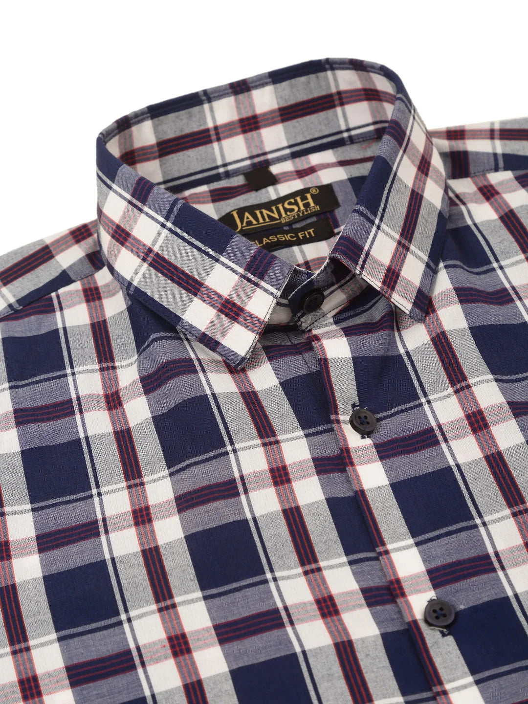 Navy Cotton Checked Half Sleeve Formal Mens Shirt | Indian Needle