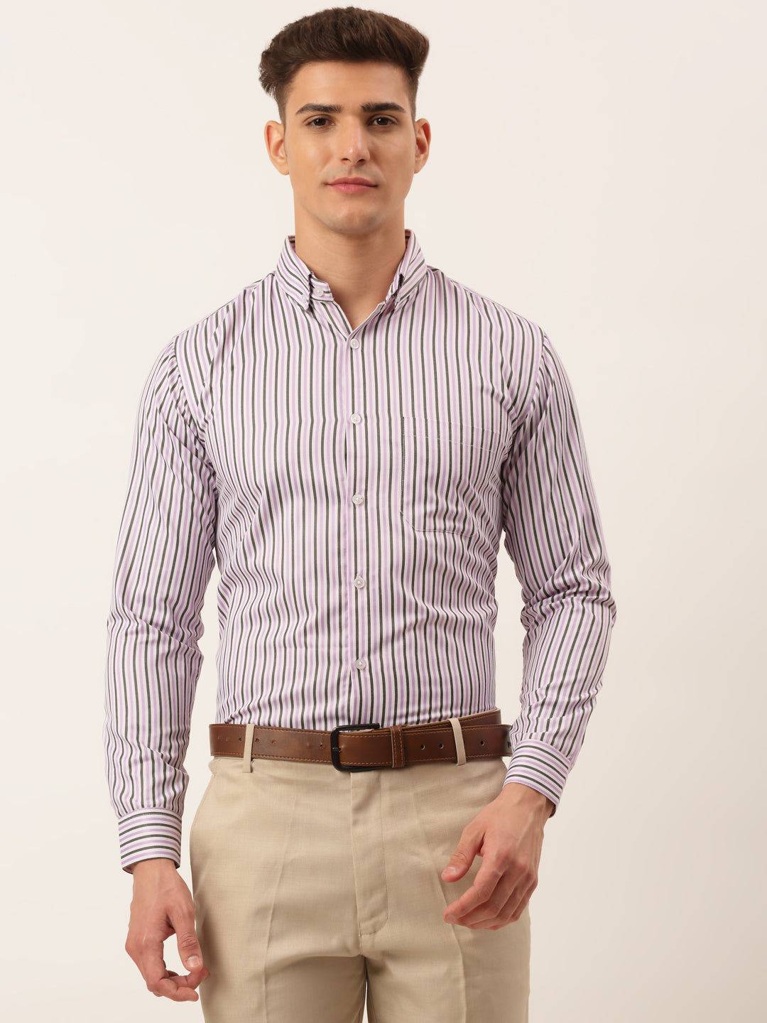 Indian Needle Men's Cotton Checked Button Down Collar Formal Shirts-SF-809Light-Purple