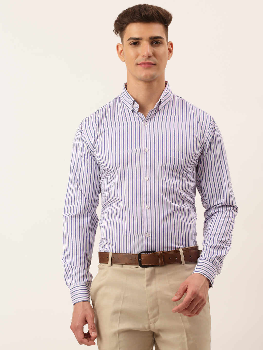 Indian Needle Men's Cotton Checked Button Down Collar Formal Shirts-SF-809Voilet