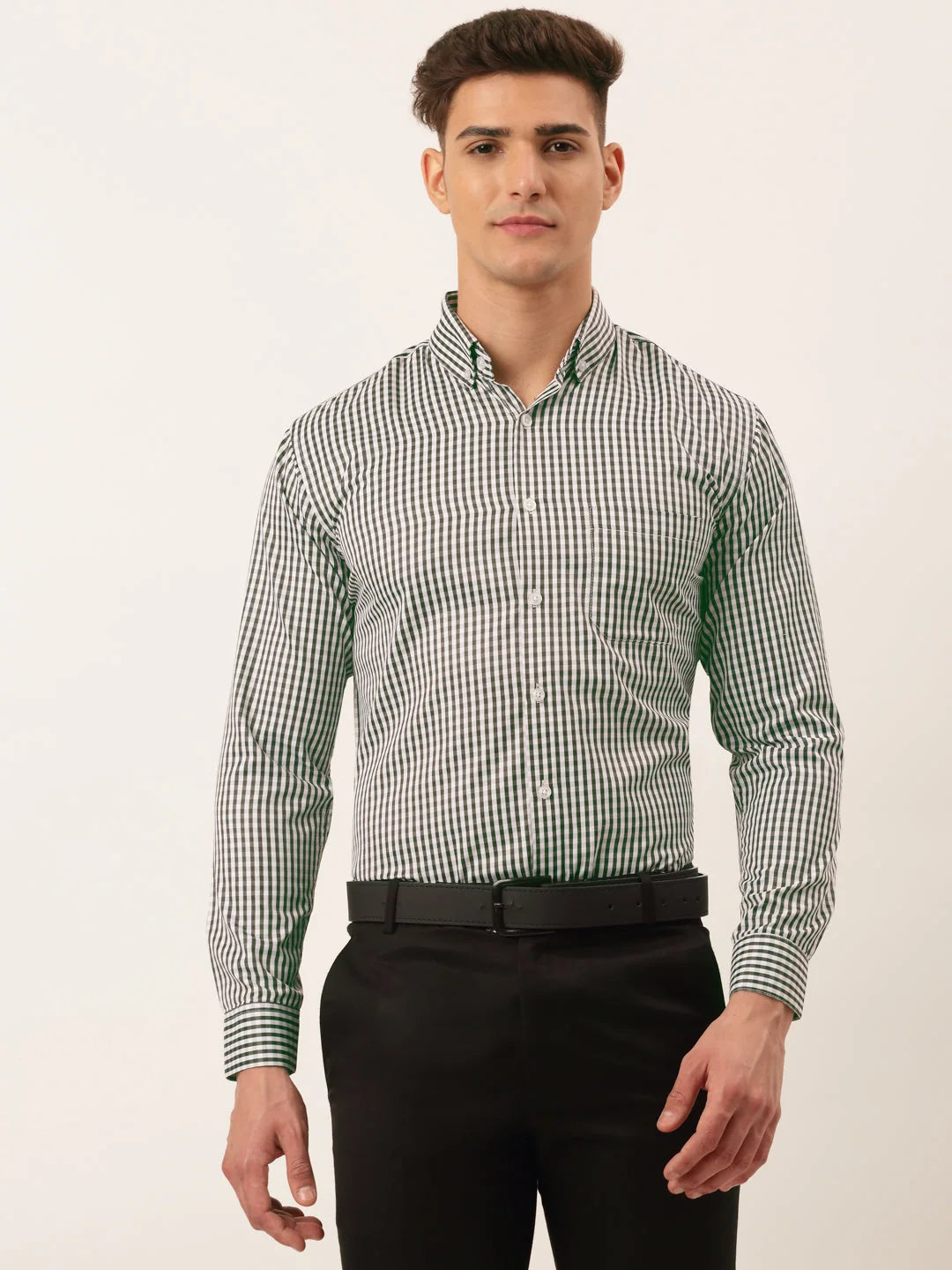 Indian Needle Men's Cotton Checked Button Down Collar Formal Shirts-SF-810Black