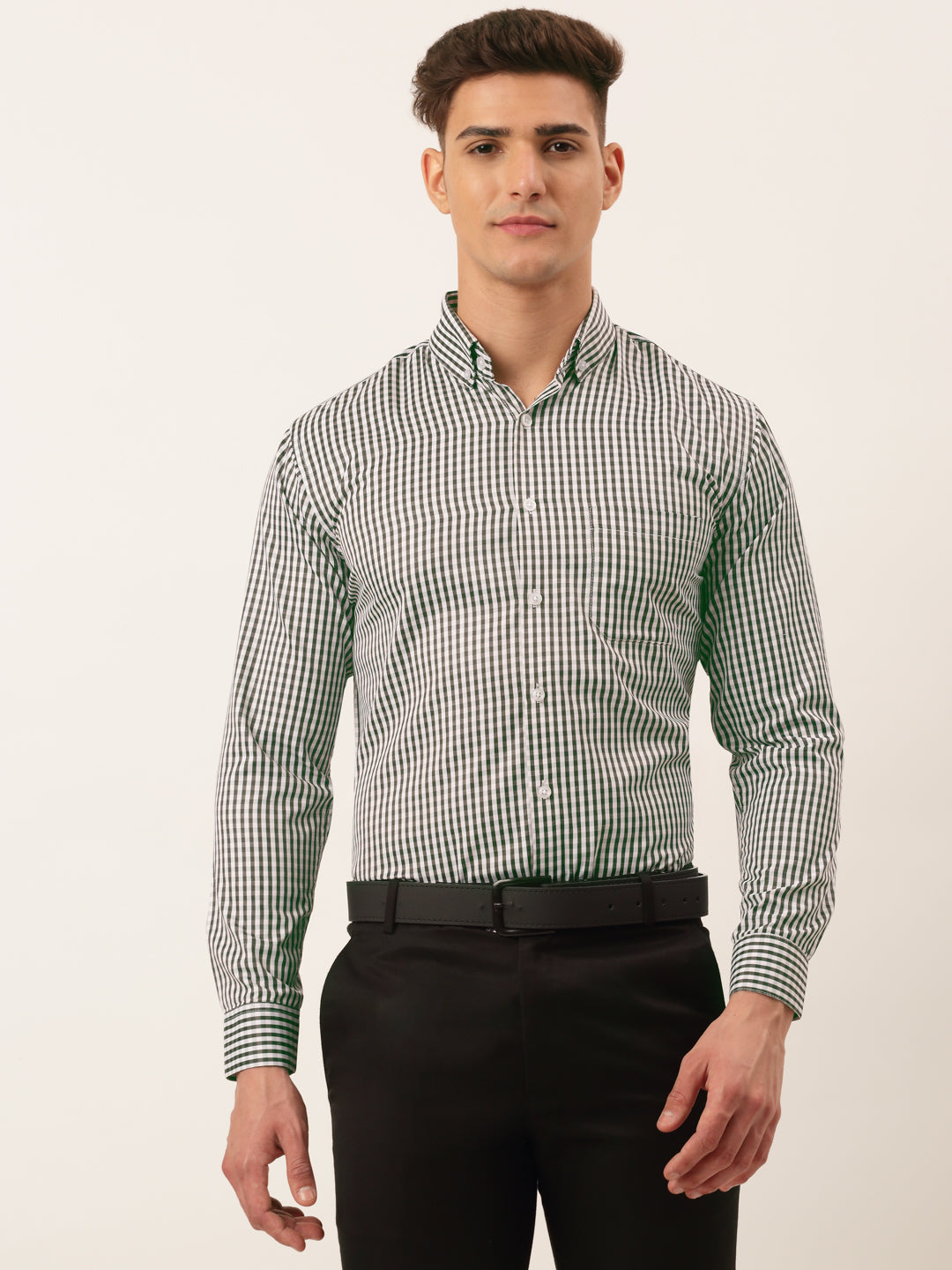 Indian Needle Men's Cotton Checked Button Down Collar Formal Shirts-SF-810Black