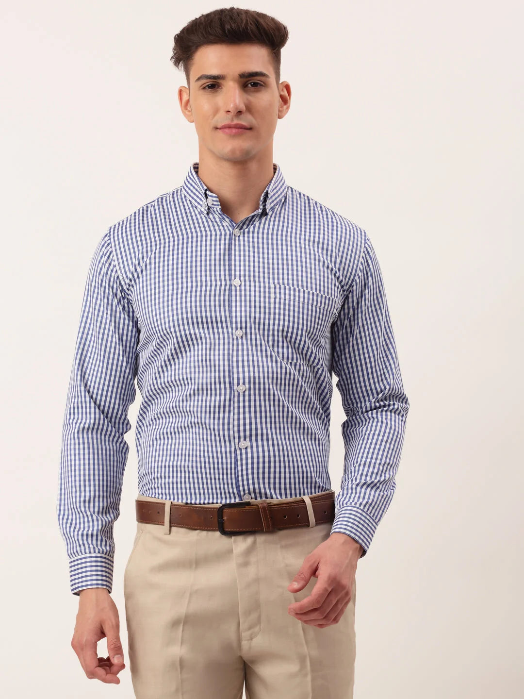 Indian Needle Men's Cotton Checked Button Down Collar Formal Shirts-SF-810Blue