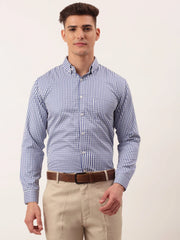 Indian Needle Men's Cotton Checked Button Down Collar Formal Shirts-SF-810Blue