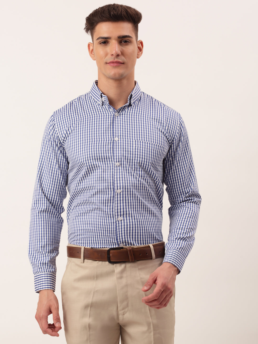 Indian Needle Men's Cotton Checked Button Down Collar Formal Shirts-SF-810Blue