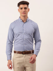 Indian Needle Men's Cotton Checked Button Down Collar Formal Shirts-SF-810Blue