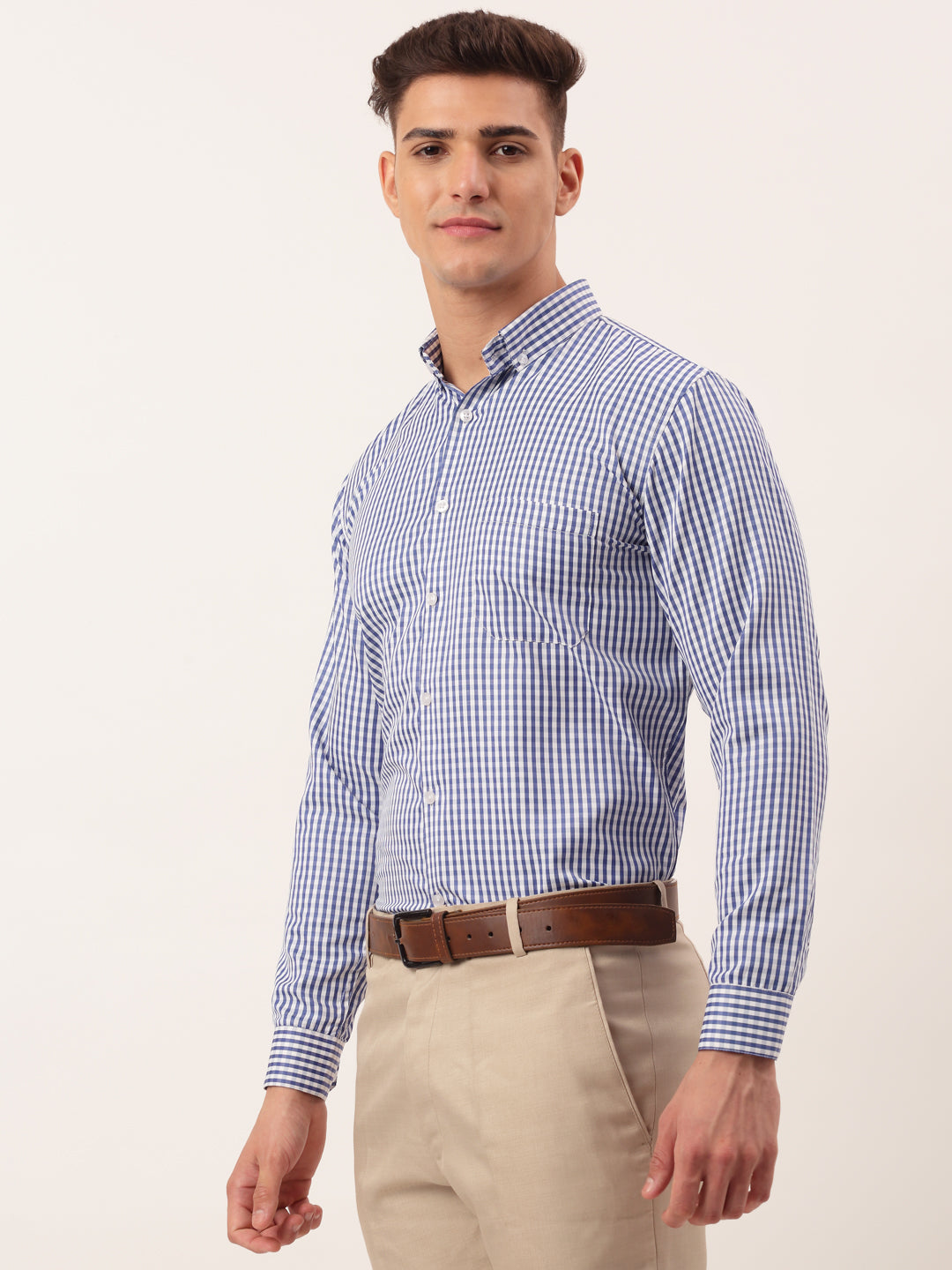 Indian Needle Men's Cotton Checked Formal Shirt - SF-810 Blue