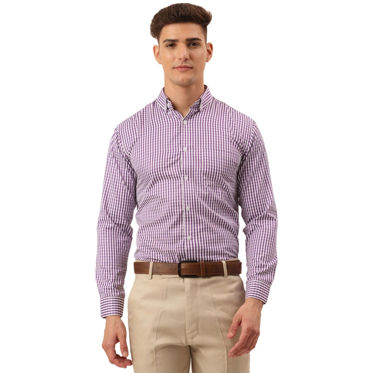 Purple Checked Cotton Formal Shirts for Men - Button Down Shirt
