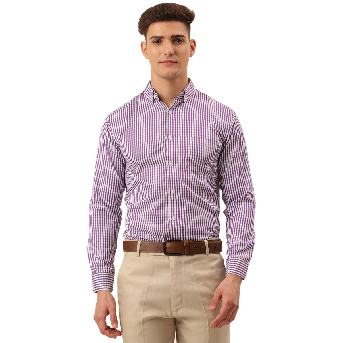 Indian Needle Men's Cotton Checked Button Down Collar Formal Shirts-SF-810Purple