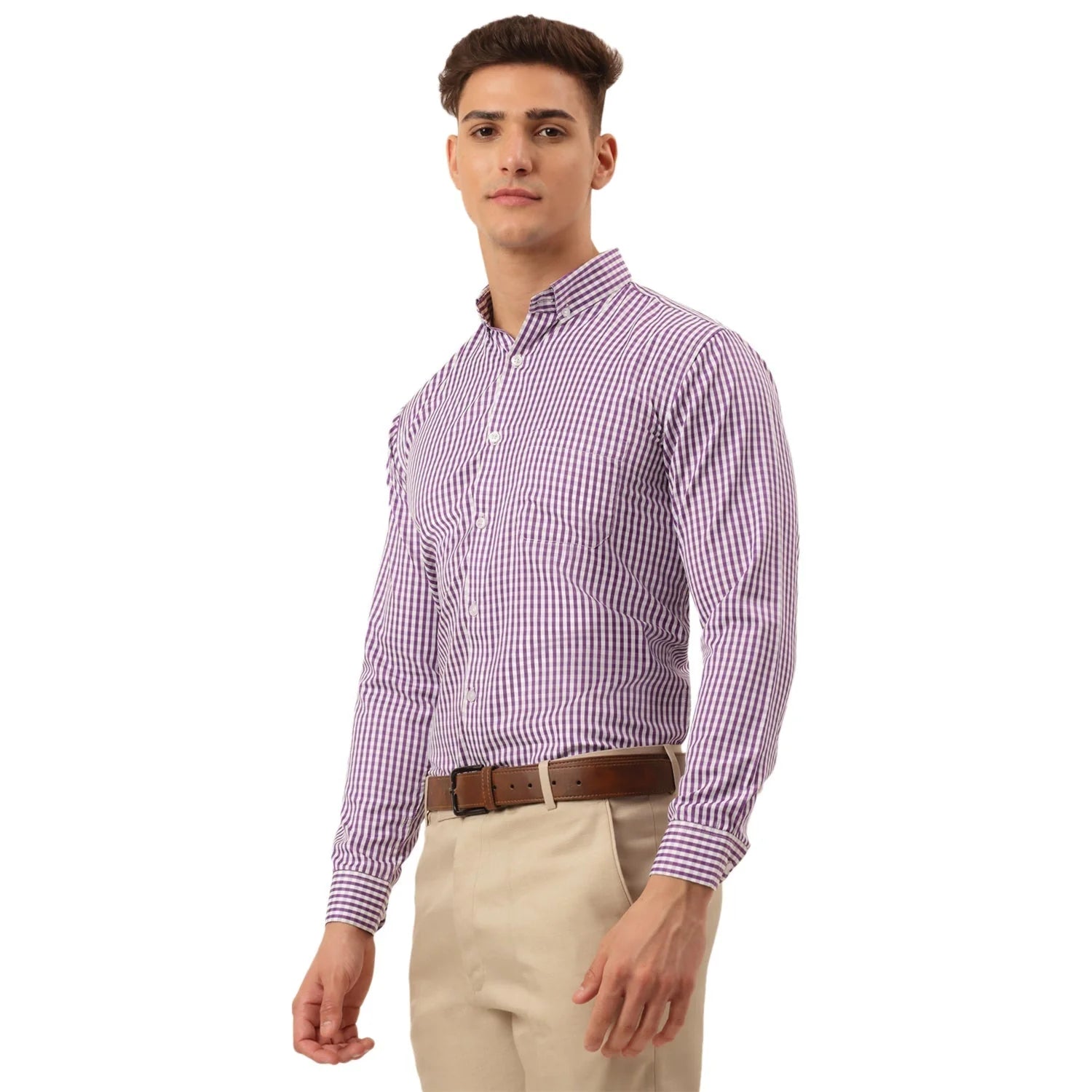 Purple Checked Cotton Formal Shirts for Men - Button Down Shirt